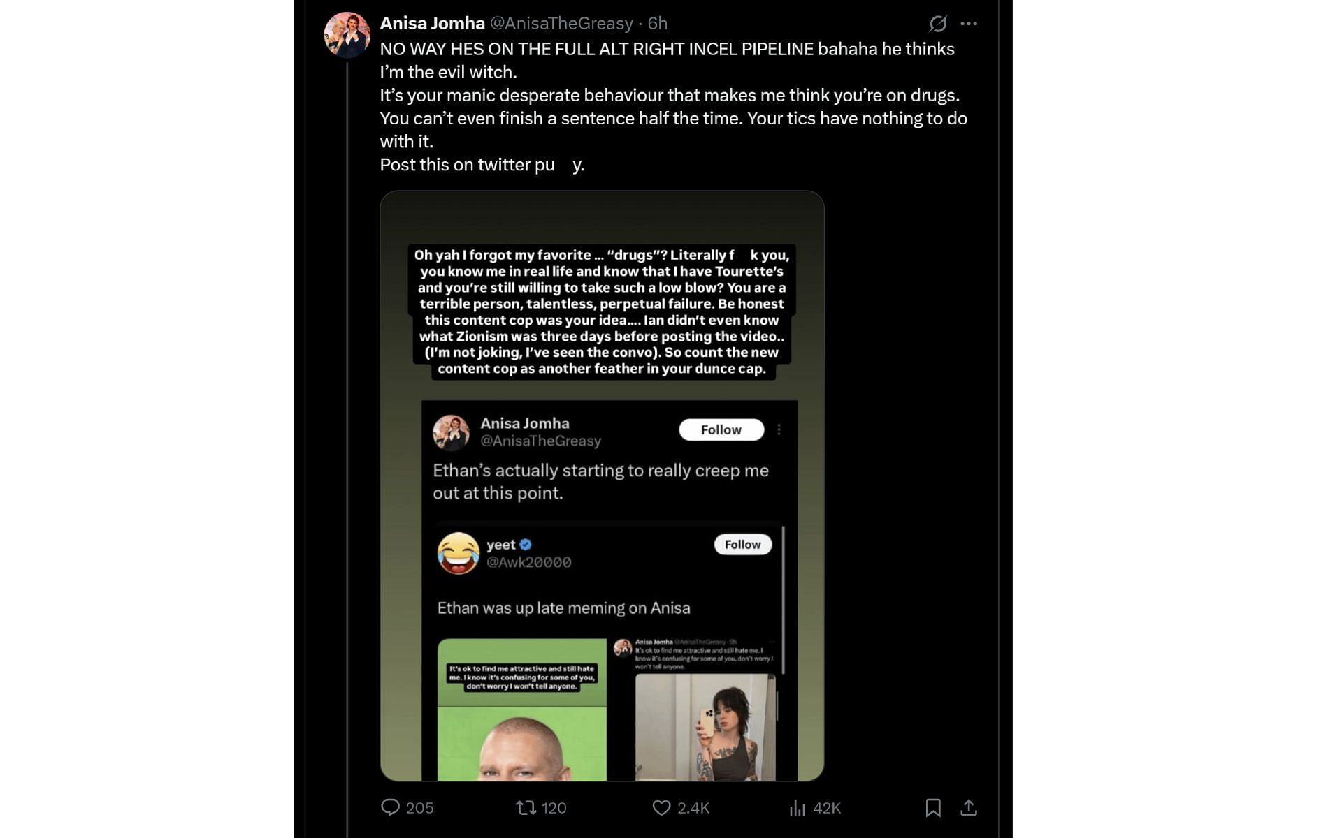 Anisa Jomha calls out Ethan Klein via an X post (Image via x.com/AnisaTheGreasy)